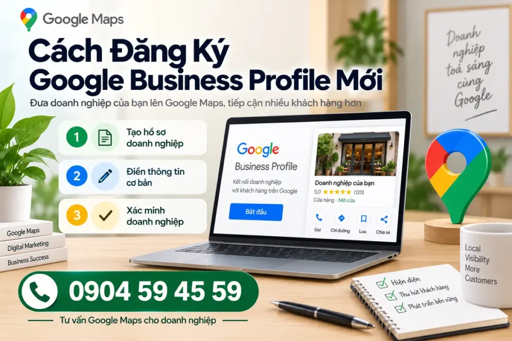 các bước đăng ký Google Business Profile mới: tạo hồ sơ doanh nghiệp, nhập thông tin cơ bản và xác minh doanh nghiệp.